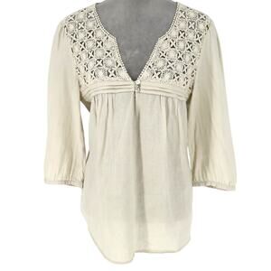 Malvin Top Womens 8 Medium Linen Beige Cotton Lace Front Blouse I Love Linen